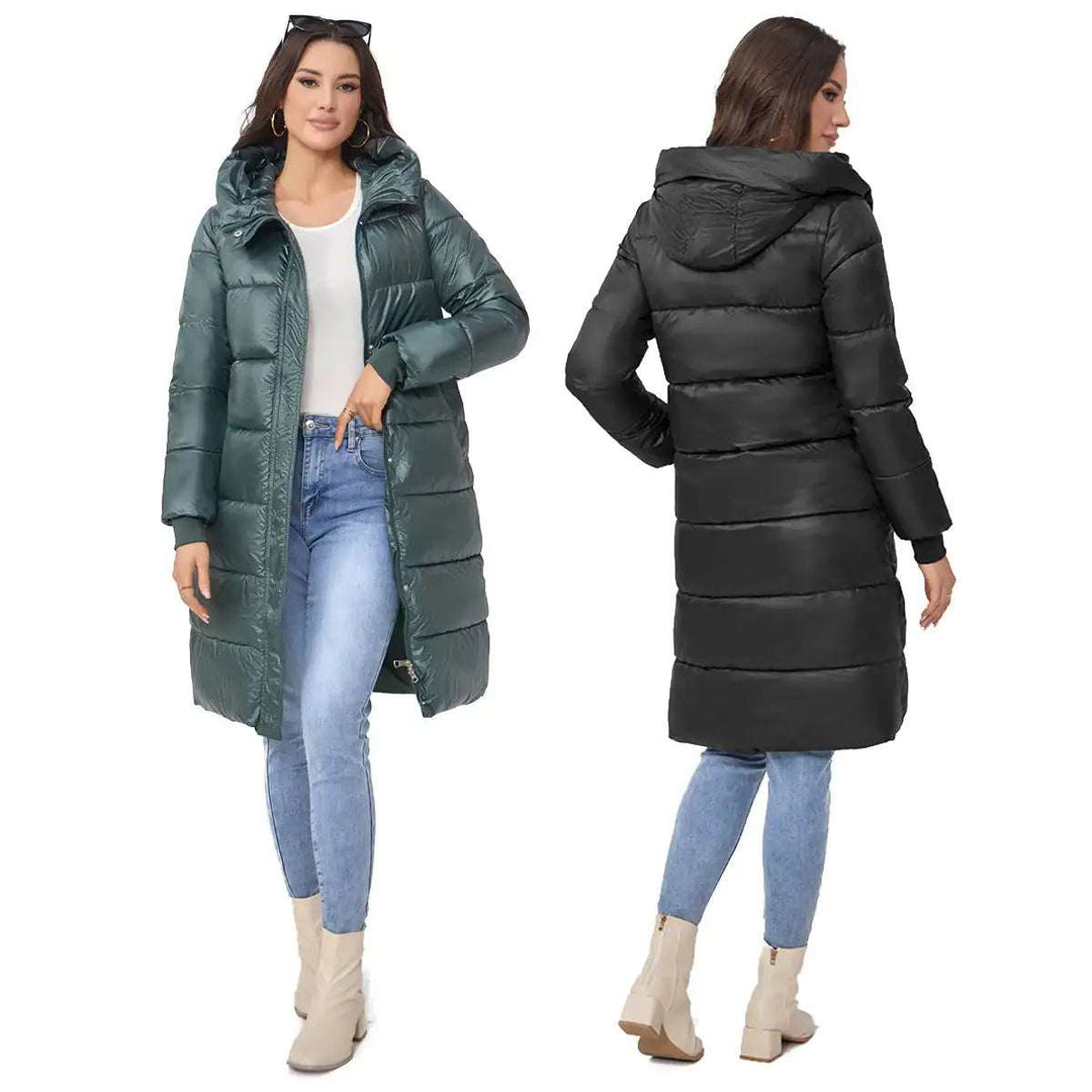 Grüne und schwarze lange Steppmantel für Damen mit Kapuze und Reißverschluss. IsabellBoutique030.