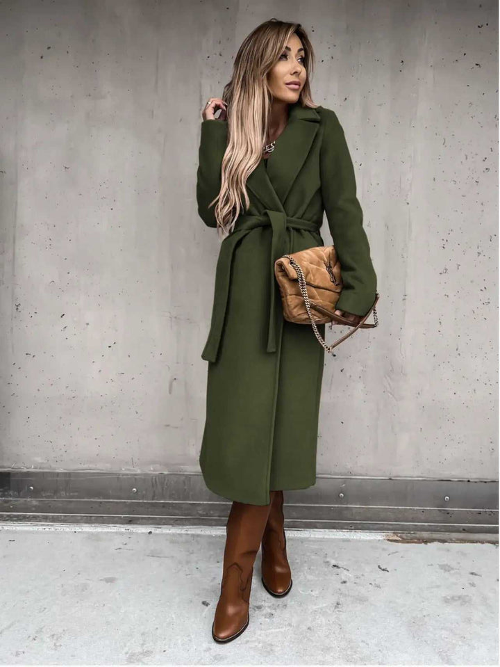 eleganter Damen Wollmantel mit V-Ausschnitt und Schnürdetail in verschiedenen Farben
