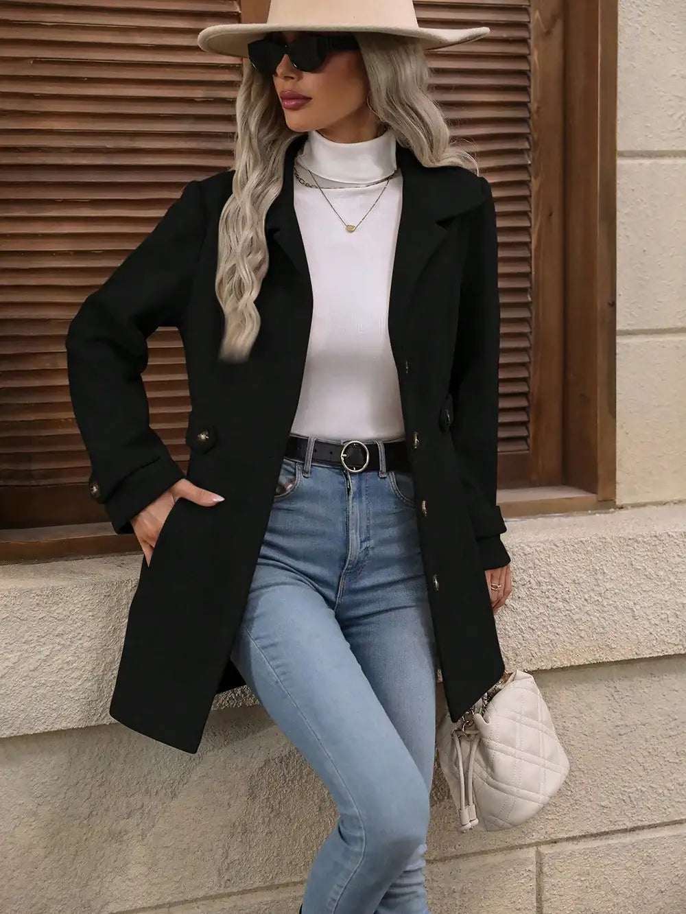 Eleganter mittellanger Damen Wollmantel mit einreihiger Knopfleiste und Reverskragen in verschiedenen Farben