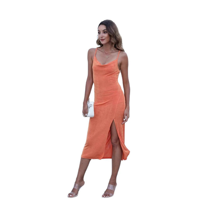 Sexy Korallefarbenes Neckholder-Kleid mit hohem Schlitz, schmal geschnitten, IsabellBoutique030