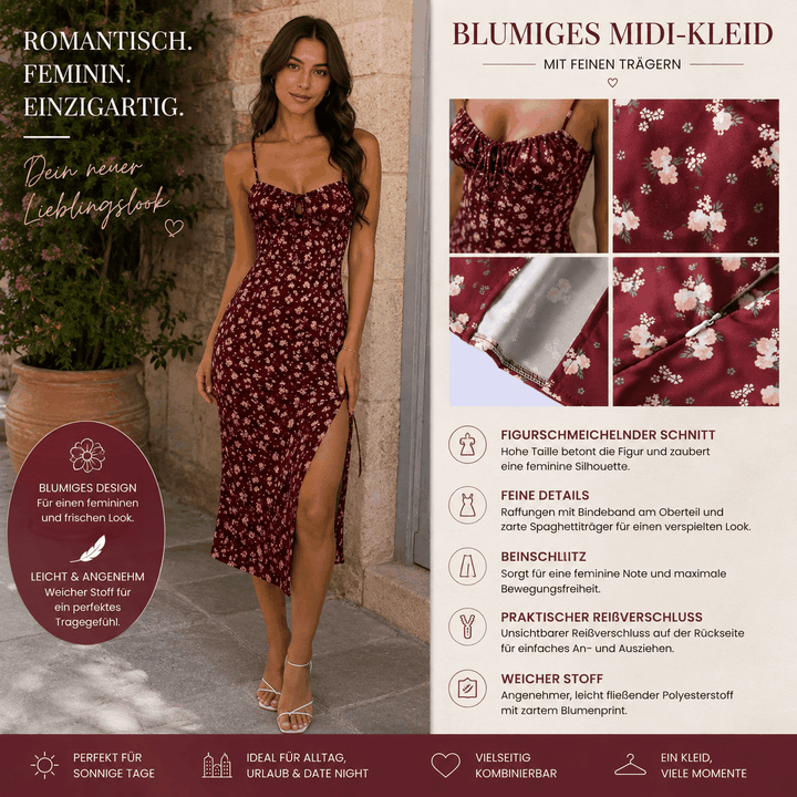 Bordeauxfarbenes Damen Midi Kleid mit floralem Muster, Spaghetti-Trägern, High Waist und seitlichem Beinschlitz