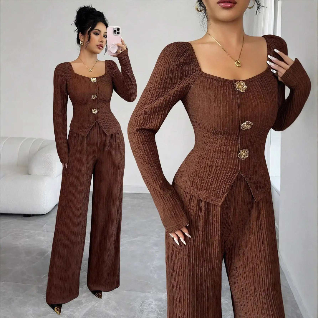 Modischer dunkelbrauner Slim-Fit Damenanzug mit Metall-Rosen-Schnalle und langem Ärmel