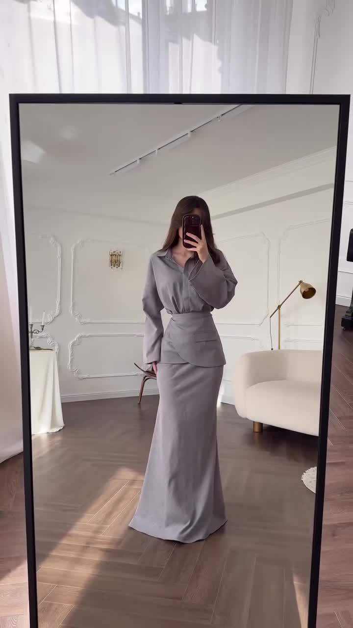 Elegantes 3-teiliges Damen-Set mit Kragenoberteil und langem Rock in verschiedenen Farben