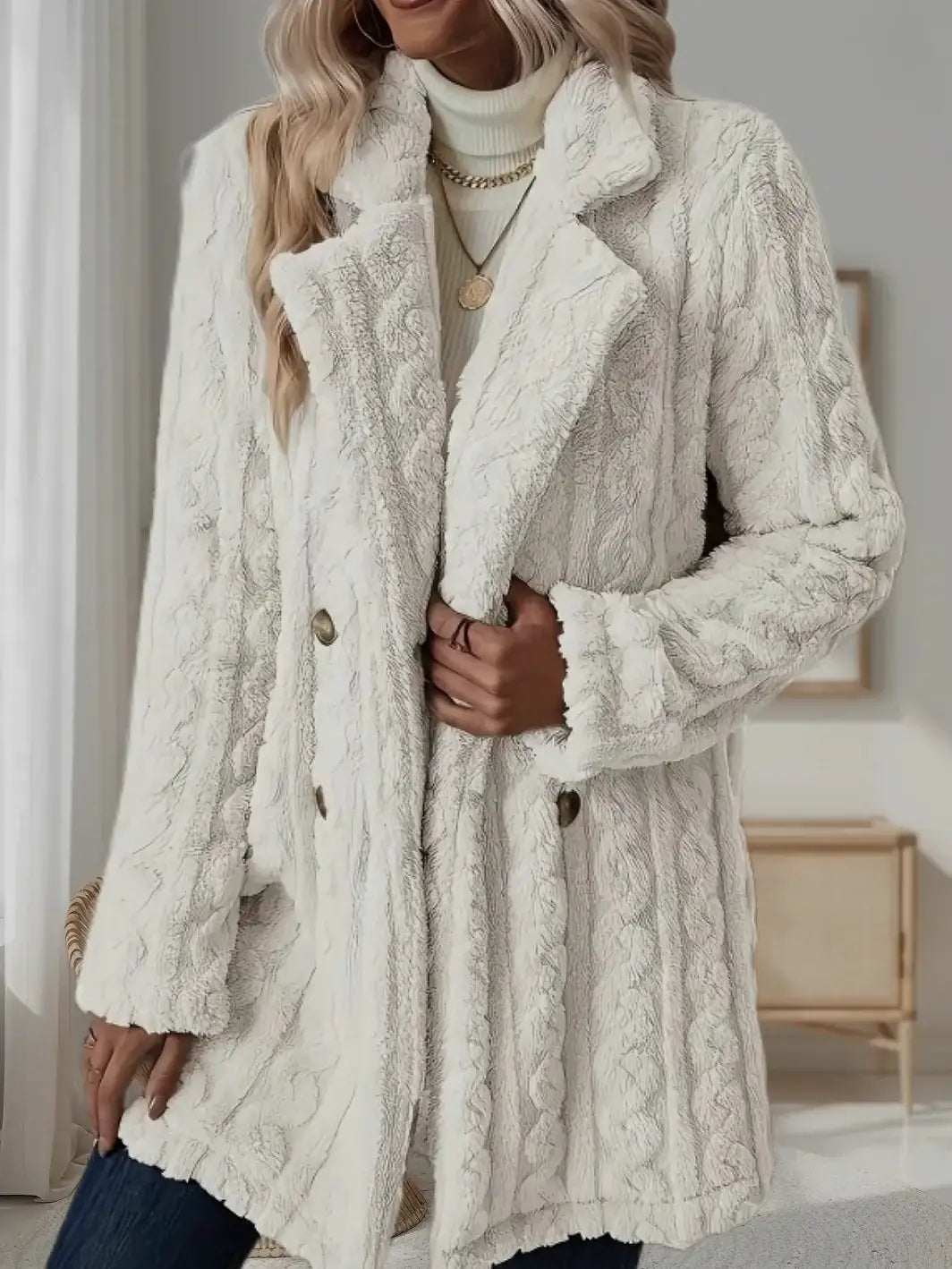 Weiße Felljacke mit Zopfmuster, Kragen und Knöpfen, Damenmode IsabellBoutique030