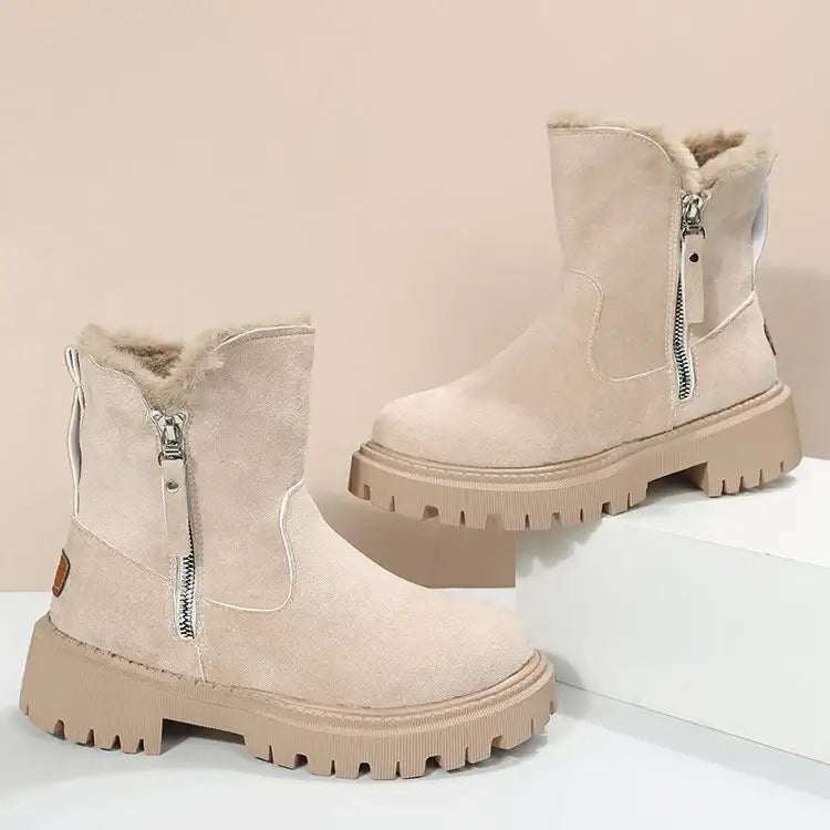 Warme Damen-Schneestiefel in Khaki mit faltbarem Plüschschaft und Plateau-Sohle für den Winter