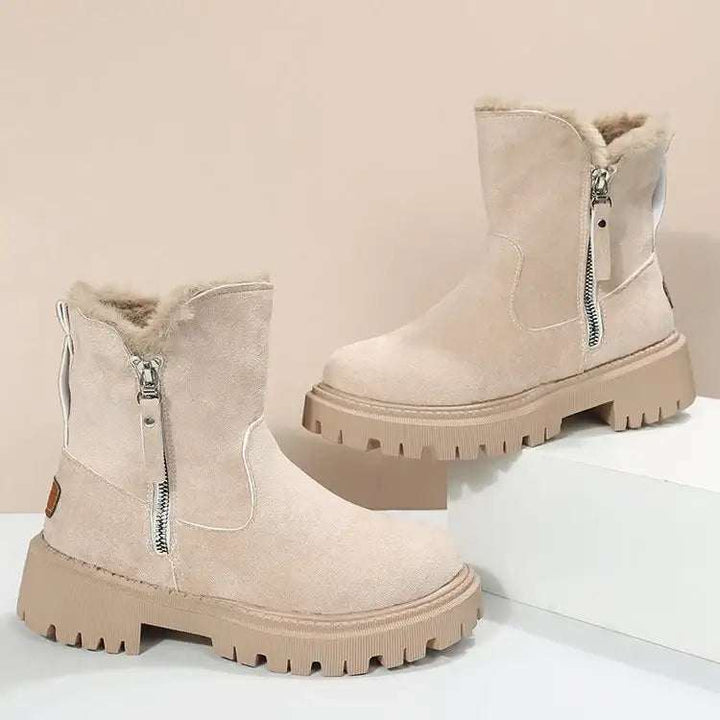 Warme Damen-Schneestiefel in Khaki mit faltbarem Plüschschaft und Plateau-Sohle für den Winter