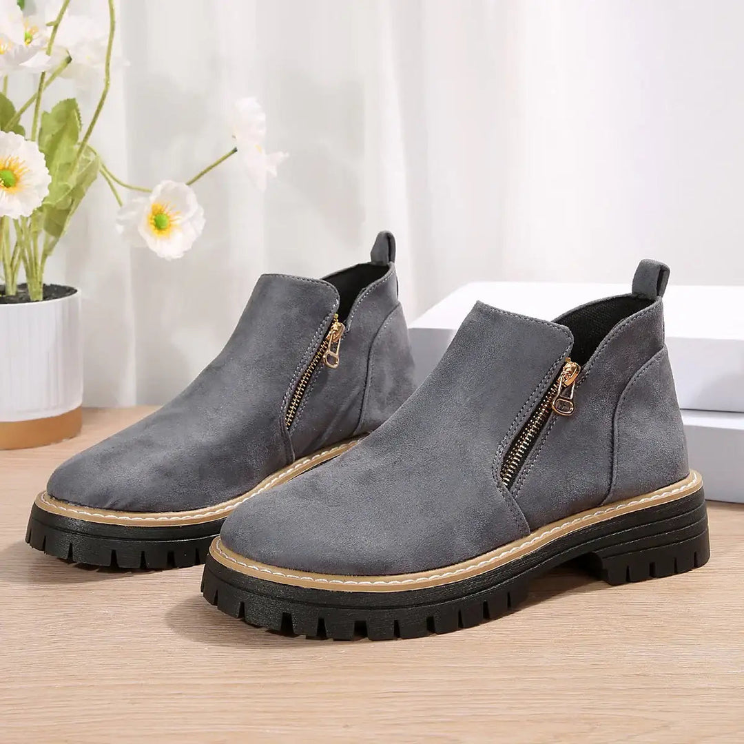 Damen Chunky Ankle Schuhe mit Reißverschluss, Wildleder-Optik, Blockabsatz und profilierter Gummisohle für Herbst und Winter