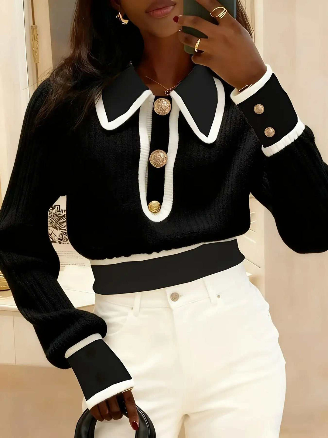 Designer-inspirierter Damen Pullover mit auffälligem Colorblock-Design in Retro-Stil für Herbst und Winter