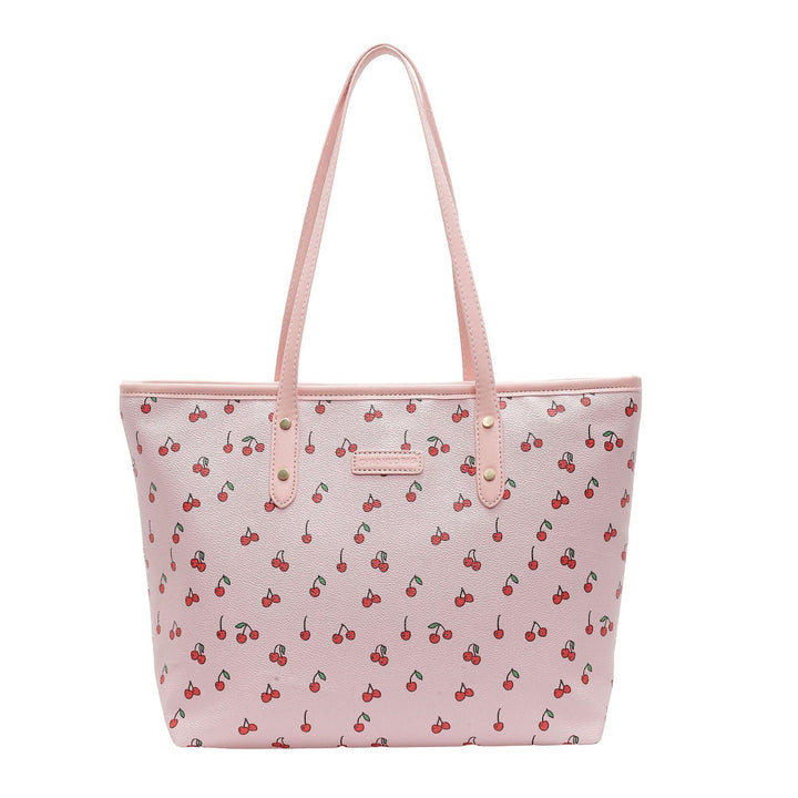 Pink shopper bag with cherry pattern and pink handles. IsabellBoutique030