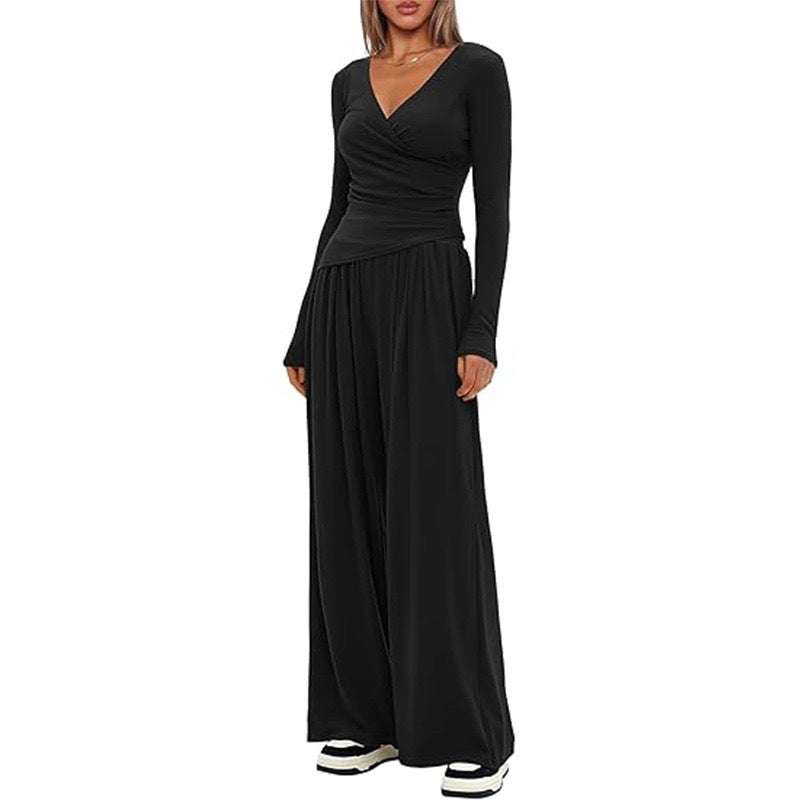 Schwarzer Wickel-Jumpsuit mit weitem Bein und langen Ärmeln, Damenmode, IsabellBoutique030