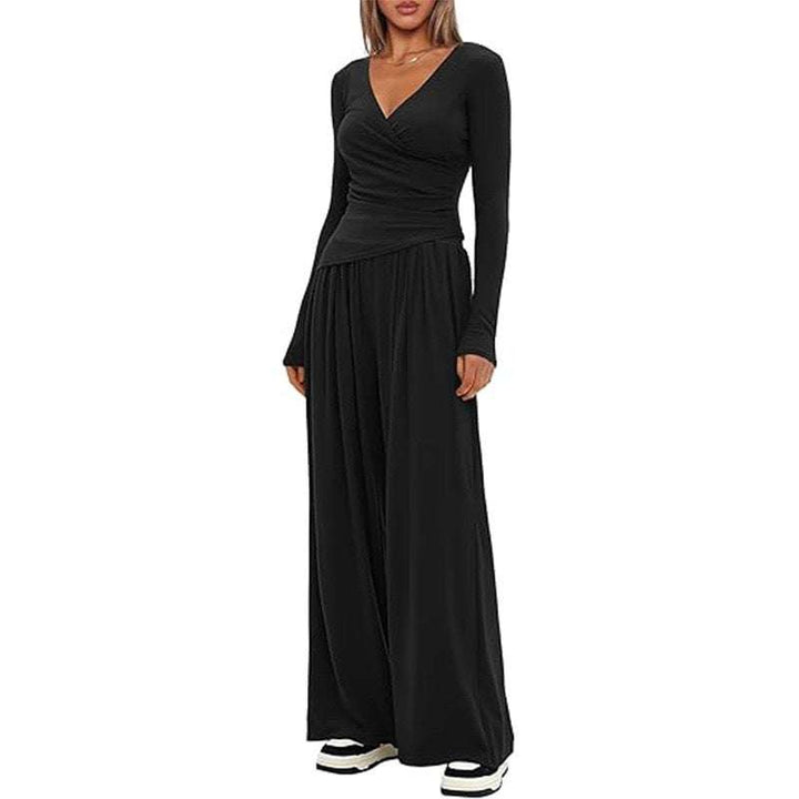 Schwarzer Wickel-Jumpsuit mit weitem Bein und langen Ärmeln, Damenmode, IsabellBoutique030