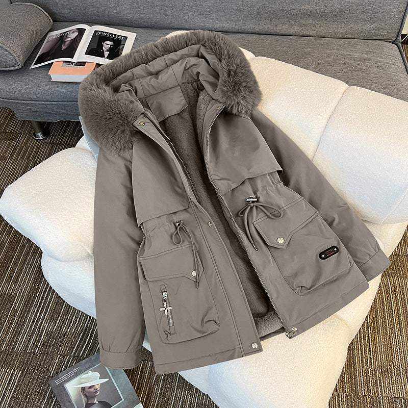 Elegante Damen Winterjacke mit dickem, fest integriertem Fellkragen und unifarbenem Design für maximalen Kälteschutz im Winter