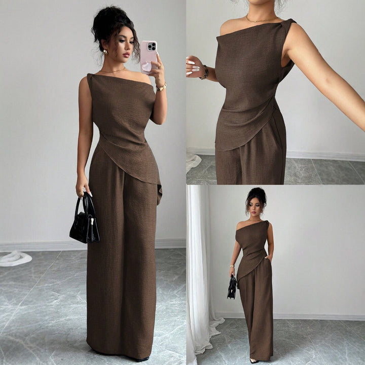 Damen-Hosenanzug braun, asymmetrisches Oberteil, weite Hose. IsabellBoutique030