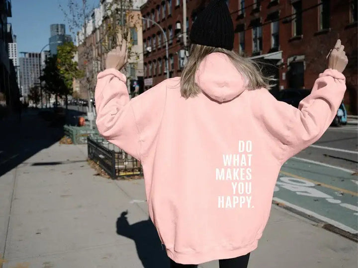 Lockerer Sport Hoodie mit "Do What Makes You Happy"-Print und Kapuze, bequem und stylisch für Alltag und Training