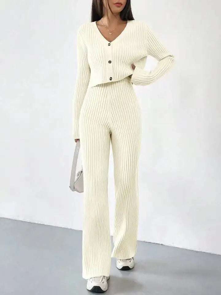 Einfarbiges Damen-Zweiteiler-Set mit V-Ausschnitt, kurzem Cardigan und Bootcut-Hose für Freizeitmode