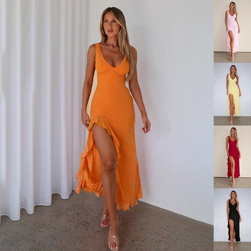 Orange Maxikleid mit V-Ausschnitt, Rüschen und hohem Beinschlitz. IsabellBoutique030