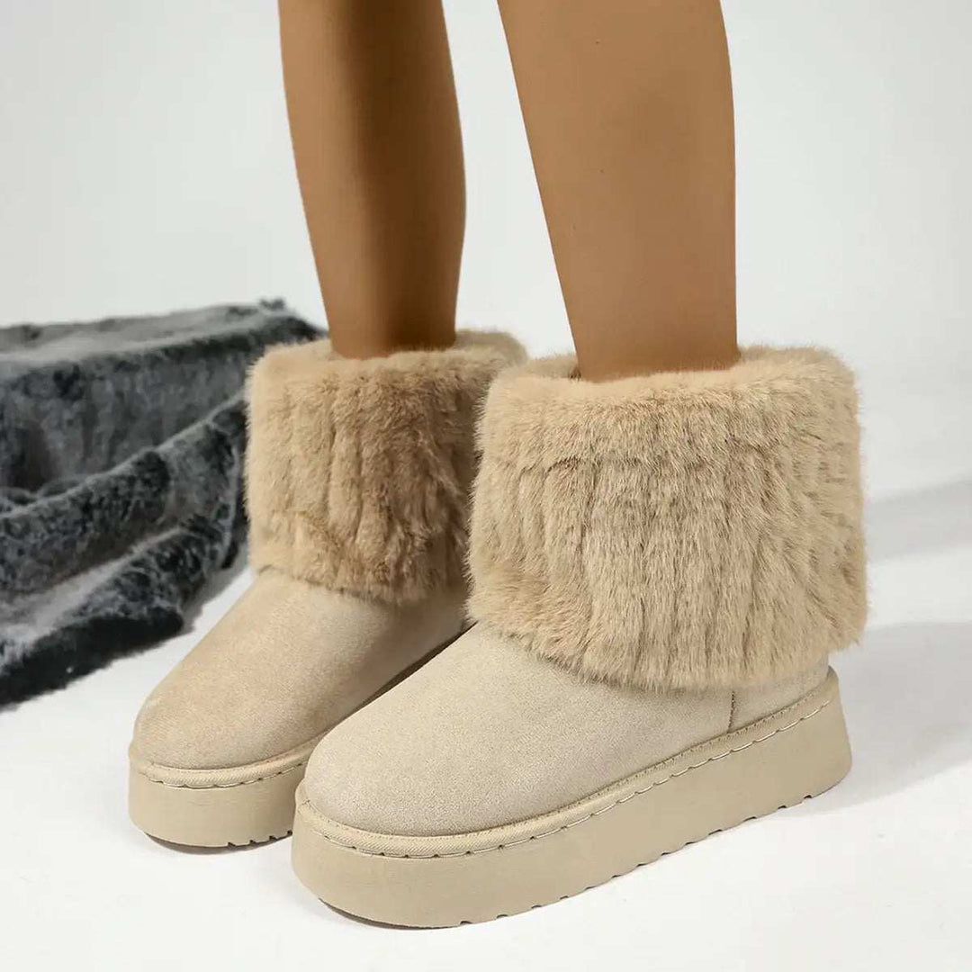Herbst- und Winter-Freizeitstiefel für Damen mit dicker Sohle, rundem Zeh und warmem Fellfutter aus Wildleder