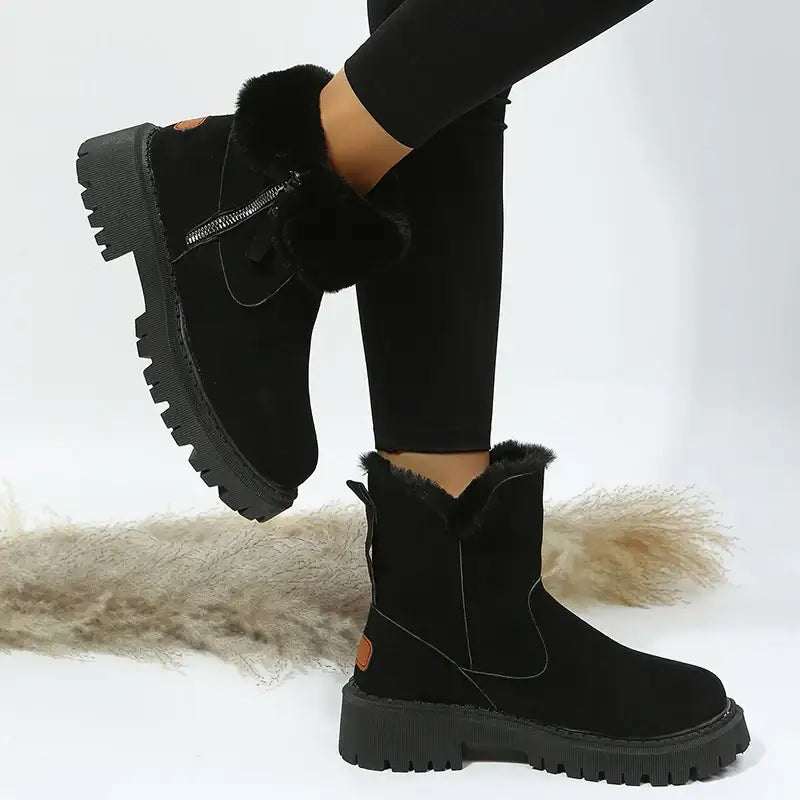 Warme Damen-Schneestiefel mit faltbarem Plüschschaft und Plateau-Sohle in Khaki