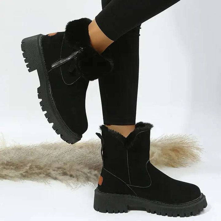 Warme Damen-Schneestiefel mit faltbarem Plüschschaft und Plateau-Sohle in Khaki