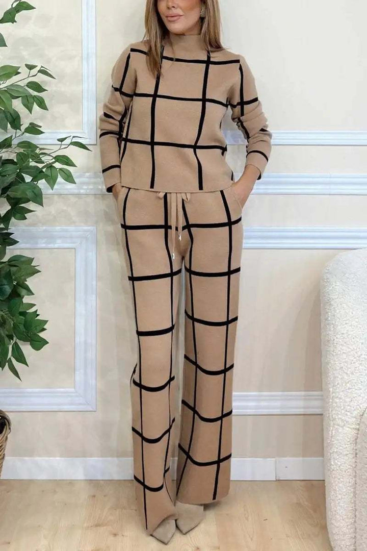 Damen Rollkragen Langarm Kariertes Print-Hosenanzug Set - Damenmode online kaufen | Isabell Boutique