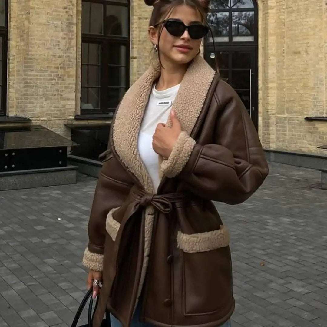 Damen Leder- und Fellmantel im türkischen Stil mit langem Ärmel und modischem Materialmix in Dunkelbraun