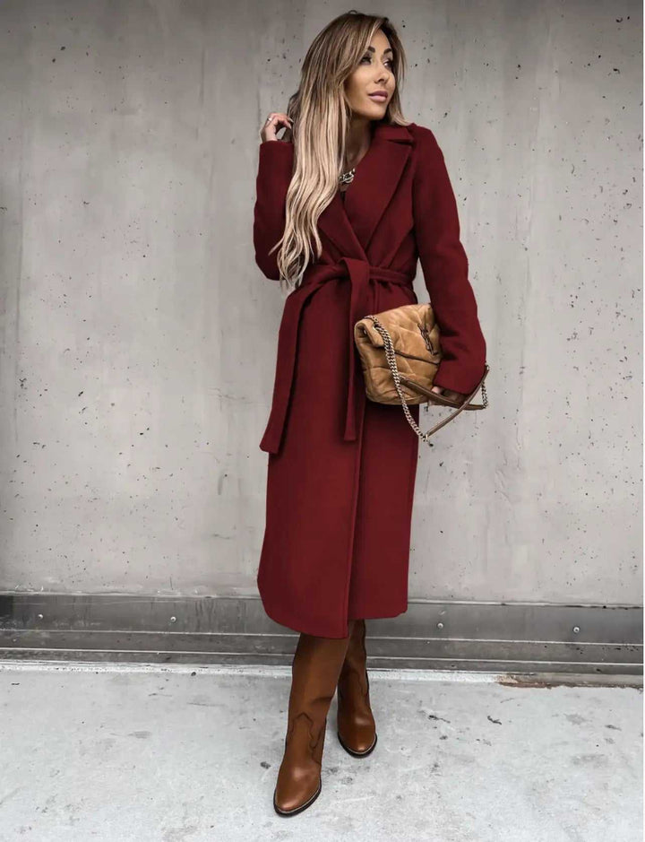 Eleganter Damen Wollmantel mit V-Ausschnitt und Schnürdetail in verschiedenen Farben